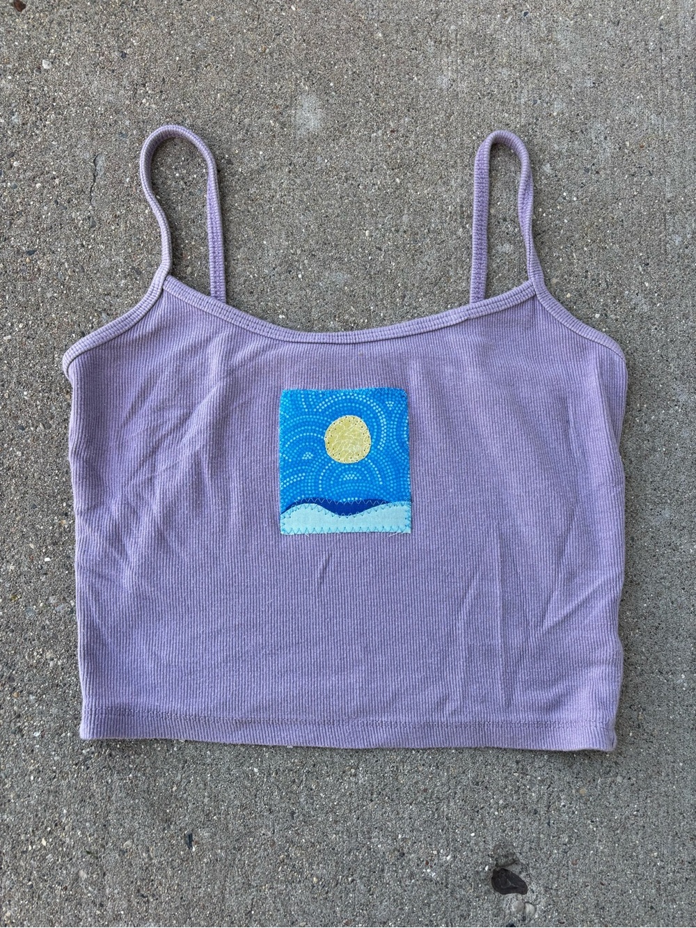 SHEIN Lavender Ribbed Crop Tank with Blue & Yellow Sun Patch